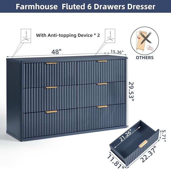 LEYAOYAO Fluted 6 Drawers Dresser Set of 2, 48" Wide Modern Chest of Drawers with Metal Handle, Navy Blue Curved Profile Dresser TV Stand, Wooden Drawer Organizer for Bedroom, Living Room, Hallway