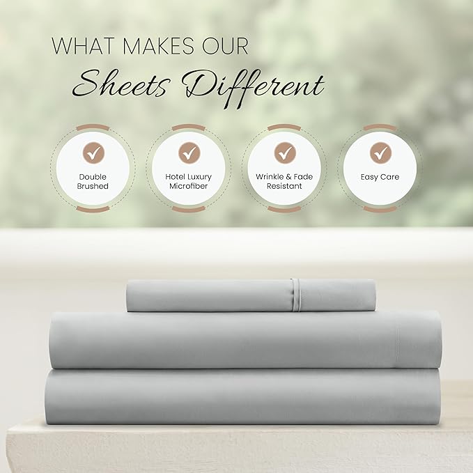 Linen Market Brushed Microfiber Twin XL Sheet Set 3 Piece – Oeko-TEX Certified Ultra Soft & Wrinkle-Free - 16" Deep Pocket Sheets - Easy Care Twin XL Size - Light Gray