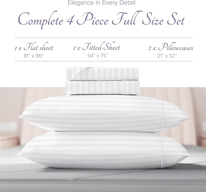 Carressa Linen Luxury Egyptian Cotton Full Stripe Sheet Set - 600 Thread Count Extra Long Staple 4 PC Set, Crisp White Full Damask Sheets, Soft, Cooling Sateen Weave Sheets Upto 18 in Deep Pocket