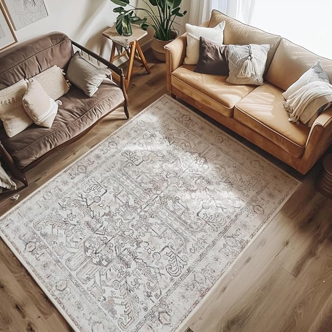 jinchan Lima 5x7 Machine Washable Area Rugs - Vintage Floral Stain Resistant Low Pile Ultra-Thin Non Slip Accent Rug for Bedroom Living Room Kitchen Dining Room Entryway (5x7ft, Taupe)