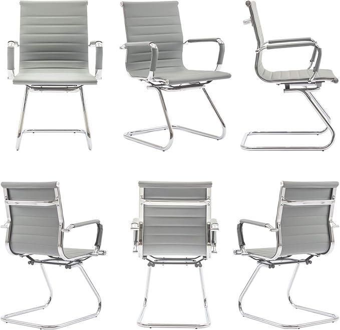 Wahson Office Guest Chairs Set of 2, Leather Reception Chairs, Mid Back Waiting Room Chair, Conference Chairs with Sled Base, Desk Chair No Wheels for Meeting/Lobby/Restroom, Grey
