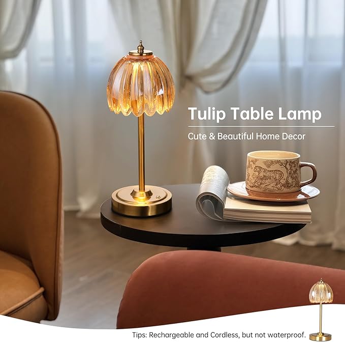 Set of 2 Tulip Table Lamp with 5000mAh Battery & Touch Control, Cordless Small Table Lamp with 3 Colors, Dimmable Rechargeable Table Lamps for Bedroom, Desk, Bedside (Amber Tulip)