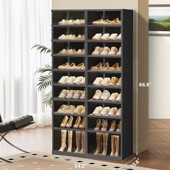 Shoe Rack Organizer for Closet Entryway Foldable Sneaker Storage Shoe, Collapsible Shoe Cabinet, Stackable Shoe Storage Cabinet with Lids for Living Room (9 Tiers -36 Pairs Black)