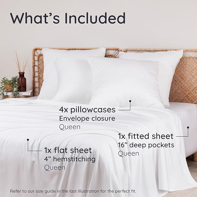 Bambaw 100% Viscose Derived from Bamboo Sheets Queen Size– 6pcs Queen Sheet Set Cooling Sheets, Breathable Bed Sheets, Fits Up to 16'' with Elastic Corner Straps, Super Soft Sheets Queen Size (White)