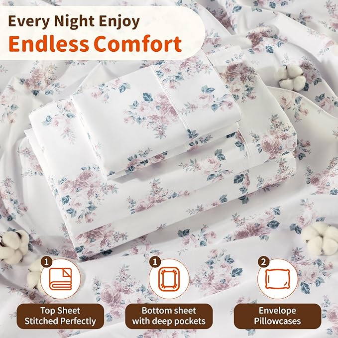 LBRO2M 1000 Thread Count Sheets 100% Egyptian Cotton Bedding Set Floral King Size Sheets 16 Inches Deep Pocket Bedding 4 Piece Sets (King, Rose)