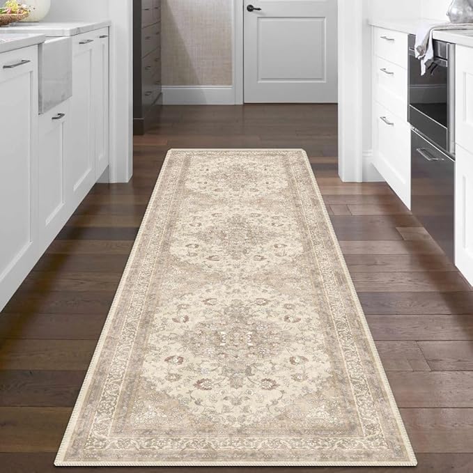 vivorug Runner Rug 2'x8' Vintage Floral Washable Non-Slip Runners for Hallways Kitchen Entryway Laundry Room Carpet Hallway Runner Beige