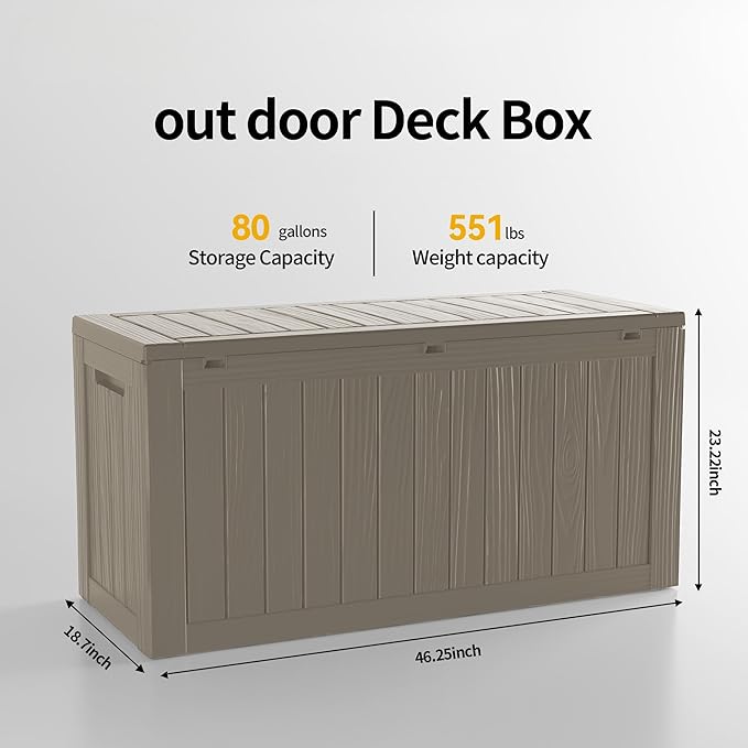 Outdoor Storage Box Waterproof, Lockable Resin 80 Gallon Deck Box Patio Storage Bin for Pool Accessories Cushion Furniture, Garden Tools, UV-Resistant Outside Delivery, Grey