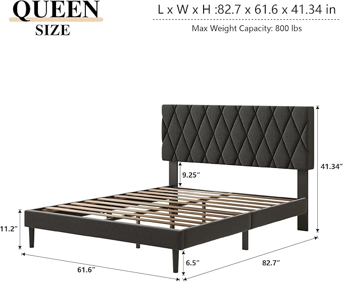 Queen Size Bed Frame with Diamond Tufted Headboard, Linen Upholstered Platform Bed and Wooden Slat Support, Noise-Free, No Box Spring Needed, Easy Assembly, Dark Grey