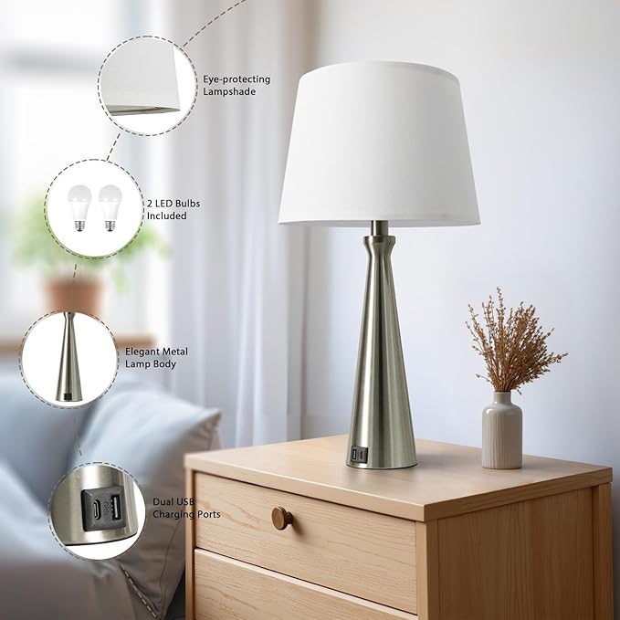 Seealle Modern Table Lamps Set of 2 - Touch Bedside Lamp for Nightstand with Dual USB C+A,3-Way Dimmable Silver Nightstand Lamps for Living Room Bedroom End Table with White Shade(Bulb Included)