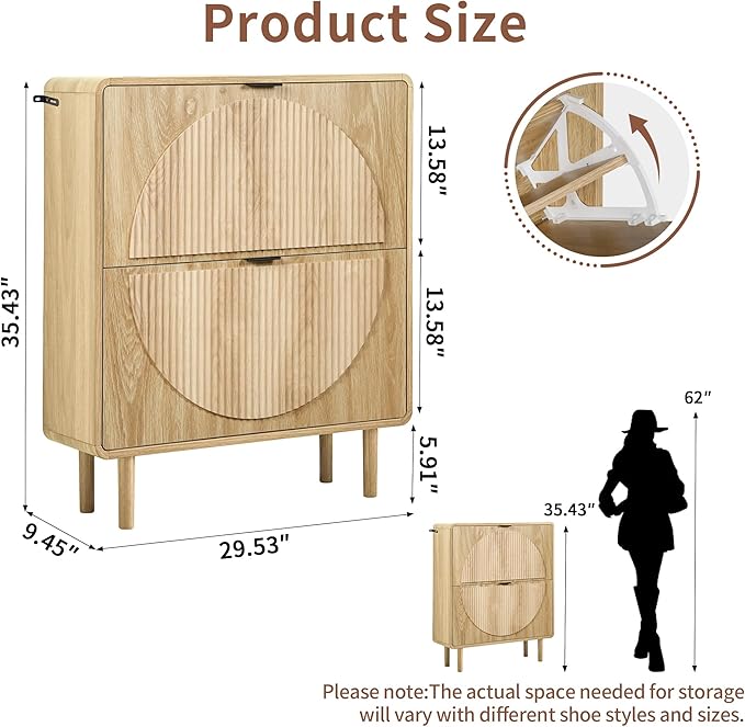 Turtle&Myrtle Modern Shoe Storage Cabinet for Entryway, Narrow Shoe Organizer Cabinet, 2-Tier Flip Down Drawers, Small Freestanding Hidden Wood Slim Shoe Rack,Round Fluted Pattern (Natural)