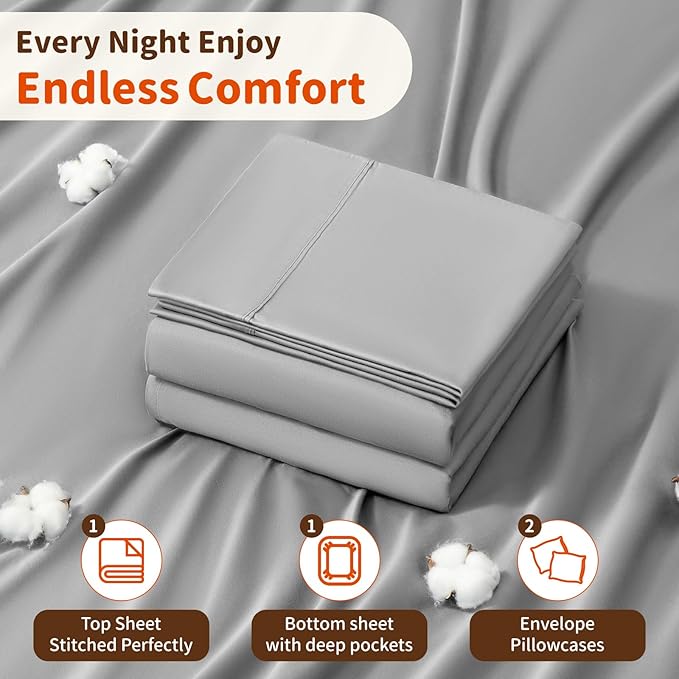 LBRO2M 100% Cotton Sheets Set Deep Pocket 24", 1000 Thread Count California King Size 4 Piece Bed Sheet Sets Soft Comfortable Bedding All Season (California King, Gray)