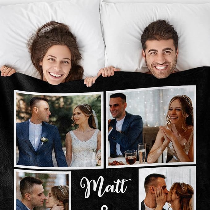 Custom Sherpa Fleece Blanket With Photos and Text - Soft Warm Fuzzy Personalized Couples Gift for Boyfriend Girlfriend - Customized Picture Blanket for Birthday Christmas - Ships Next Day