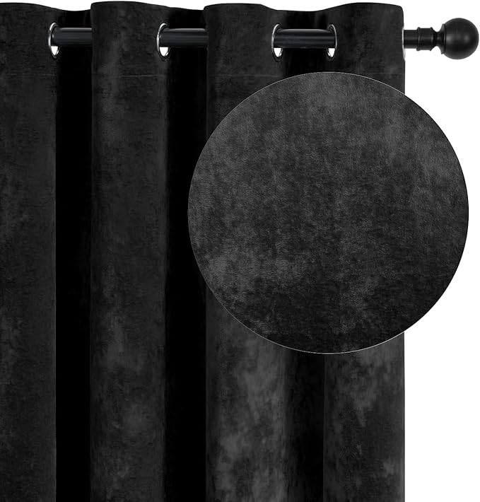 SMILETIME Black Crushed Velvet Curtains 52x90 inch Luxurious Thermal Insulated Soundproof Drapes for Living Room Bedroom Office Soft and Durable Light-Filtering Window Treatments, 2 Panels
