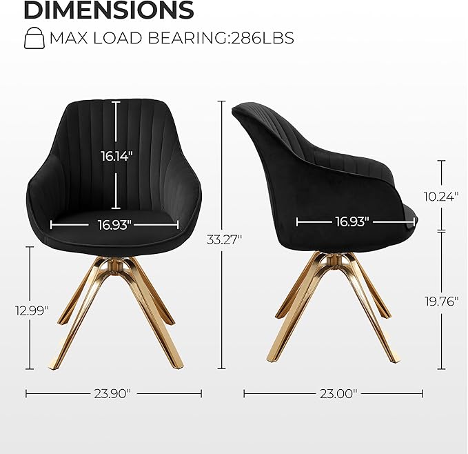 Zouron Swivel Accent Chair with Gold Metal Legs, Velvet Desk Chair Without Wheels for Living Room Bedroom Office, Black