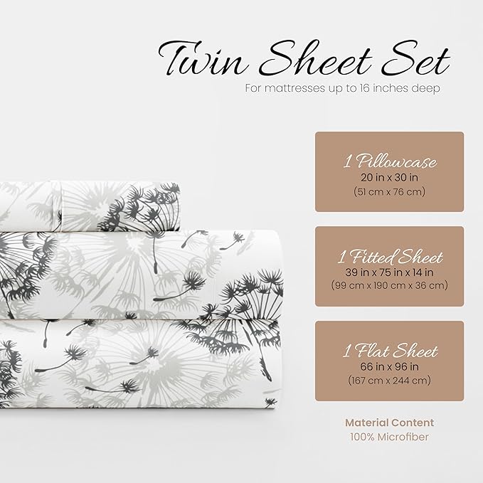 Linen Market Double-Brushed Patterned Microfiber Twin Sheet Set 3 Piece – Oeko-TEX Certified Ultra Soft & Wrinkle-Free - 16" Deep Pocket Sheets - Easy Care Twin Size - Make a Wish Light Gray