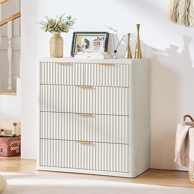 LEYAOYAO Fluted 5 Drawers Dresser for Bedroom Set of 2, 34" Tall Modern Chest of Drawers with Metal Handle, Curved Profile Design,White Wood Drawer Organizer for Bedroom, Living Room, Hallway