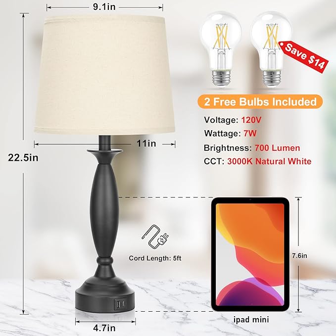 Seealle Beige Lamps for Bedrooms Set of 2 - Touch Control Bedside Lamp with USB C+A, 3 Way Dimmable Nightstand Lamps with USB Port, Table Lamp for Living Room(Beige Shade and Black Base)