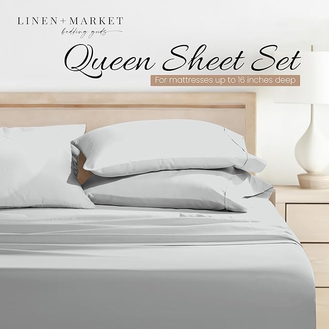 Linen Market Brushed Microfiber Queen Sheet Set 4 Piece – Oeko-TEX Certified Ultra Soft & Wrinkle-Free - 16" Deep Pocket Sheets - Easy Care Queen Size - Light Gray