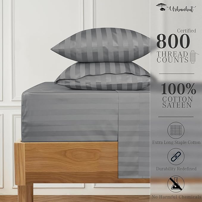URBANHUT 800 Thread Count 100% Cotton Damask Queen Size Sheets, 4 Piece Striped Queen Size Bedsheets, Luxury Hotel Sheets Sateen Weave - Better Than Egyptian, 16" Elasticized Deep Pocket- Dark Grey