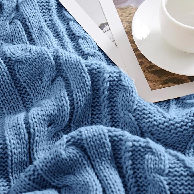 Aormenzy Dusty Blue Cable Knit Throw Blankets for Couch Bed Sofa, Acrylic Knitted Blanket, Soft Cozy Throw Blanket, 50" x 60"