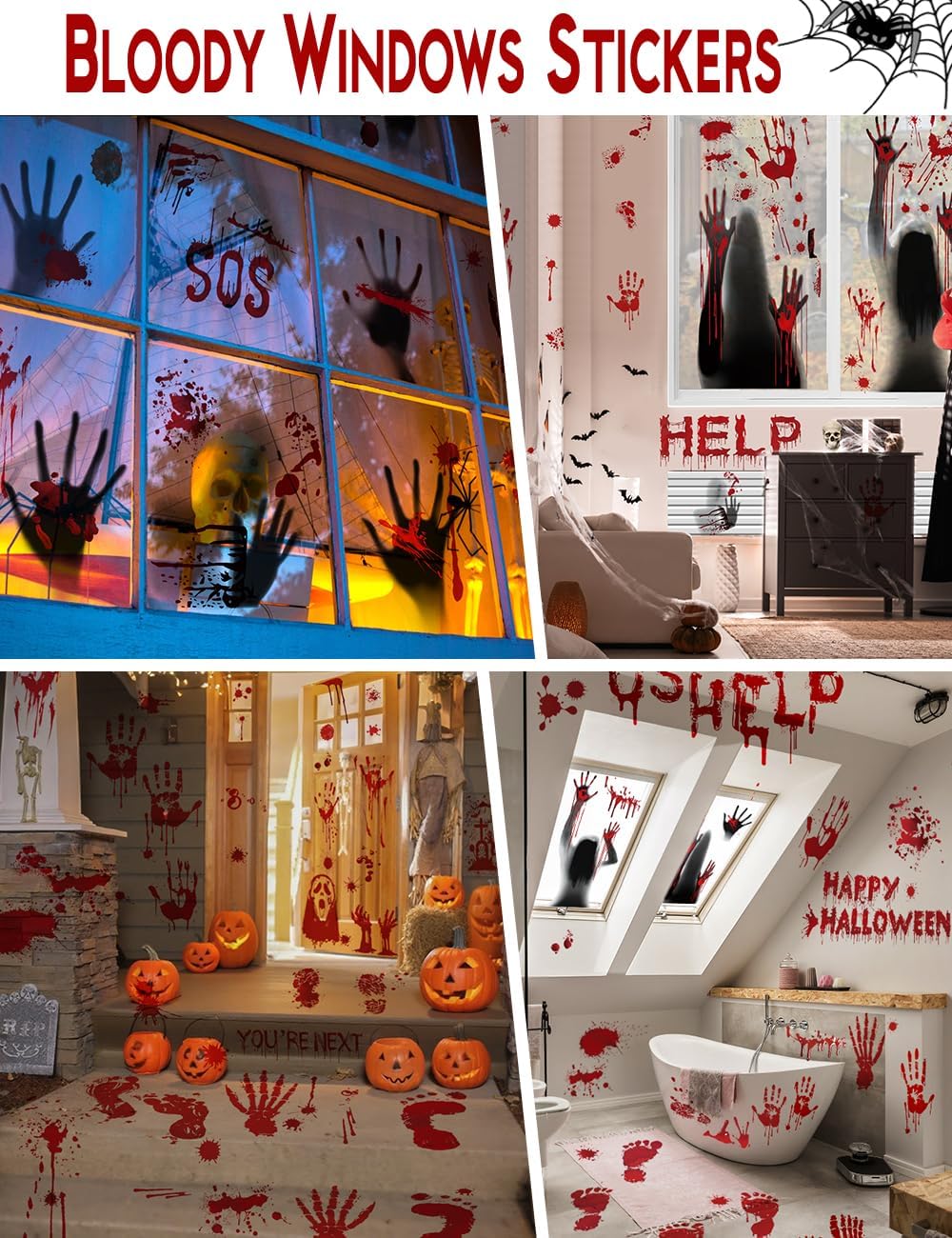 Wohohoho 11 Sheets/202 Pcs Bloody Halloween Decorations Set. 2 Giant Spooky Door Cover, 6 Sheets Horror Window Clings, 3 Sheets Scary Floor Stickers, Halloween Party Wall Decal Bedroom Inside Decor