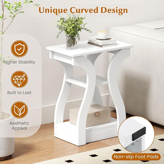Giantex Narrow End Tables with Charging Station Set of 2, Wood Sofa Side Tables with Open Storage Shelves, Bedside Tables with USB Ports & Outlets, Modern Nightstands for Living Room, Bedroom, White