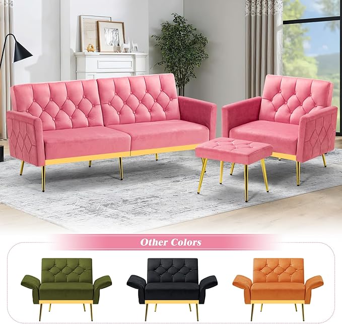 Velvet Accent Chair w/Adjustable Armrests and Backrests, Tufted Single Sofa with Ottoman, Upholstered Reading Chiar for Living Room, Apartment, Bedroom, Pink