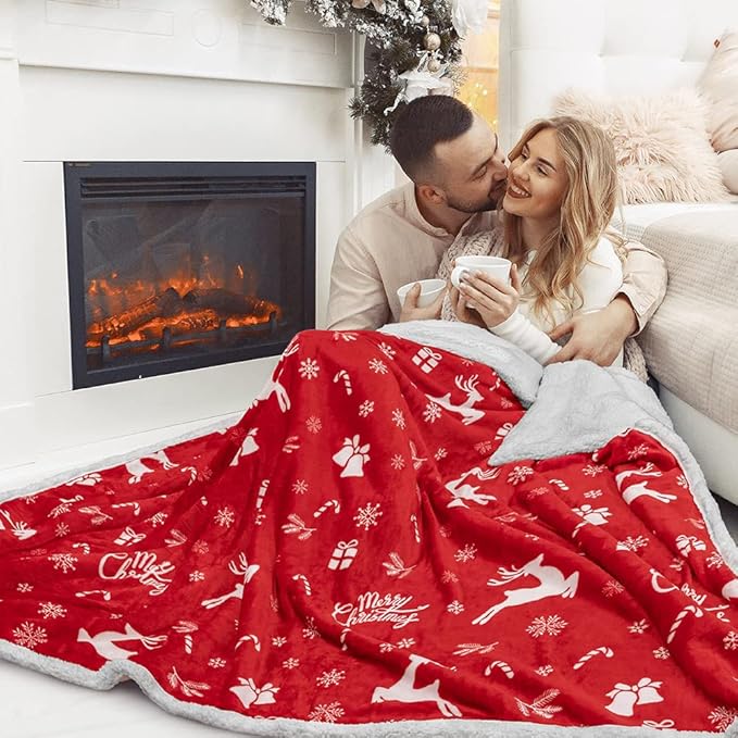 PAVILIA Red Reindeer Christmas Sherpa Throw Blanket, Ultra Soft Reversible Fleece Sherpa 50x60 Winter Blanket for Couch & Bed, Cozy Christmas Home Decor Holiday