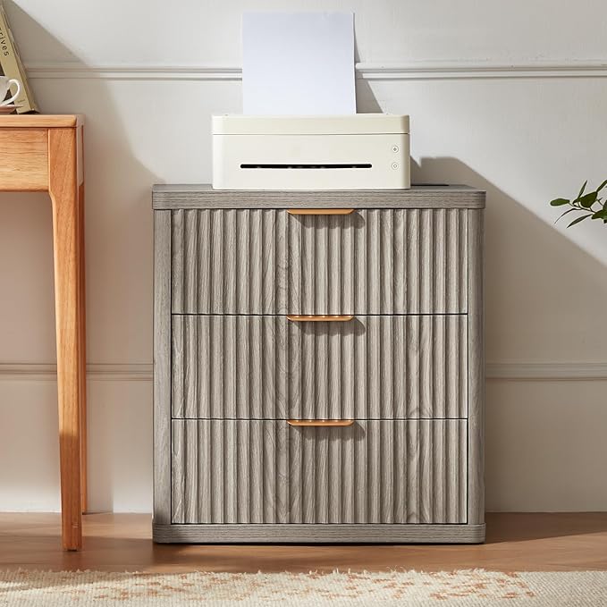 LEYAOYAO 23" Wide Fluted Farmhouse Night Stand Set of 2 with Charging Station, 3 Drawers Large End Table w/Metal Handle,Grey Nightstand Bedside Table,Wood Dresser for Bedroom, Closet