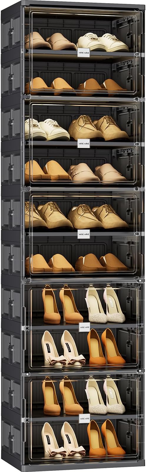 JEKO&JEKO 10-Tier Foldable Shoe Storage Cabinet with Magnetic Doors, Large Stackable Shoe Organizer Cabinet for Entryway (Black)