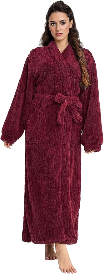 Artfasion Womens Long Fleece Robe - Warm Soft Floor Length Flannel Bathrobes for Winter Thicker Long House Coat with Pockets