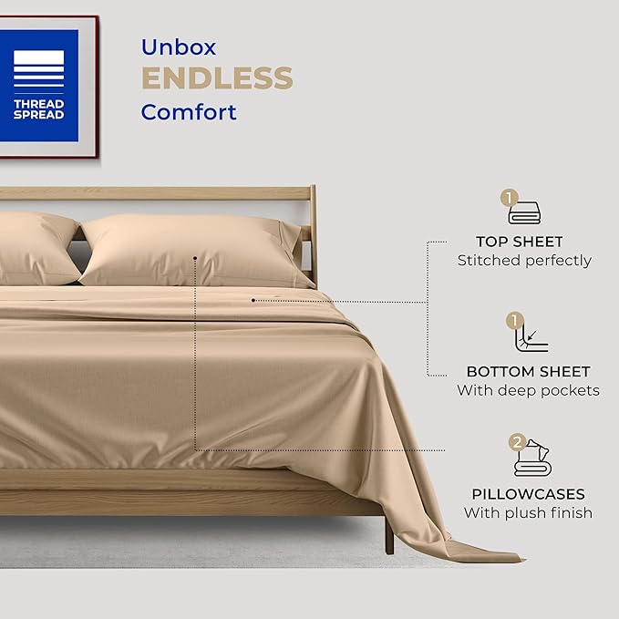 THREAD SPREAD Full Size Sheets Cotton - 400 Thread Count 4 PC 100% Cotton Full Size Sheet Sets, 16” Deep Pocket Full Size Sheets Set, Cooling Full Sheet Set, Luxury Hotel Sheets & Pillowcases (Taupe)