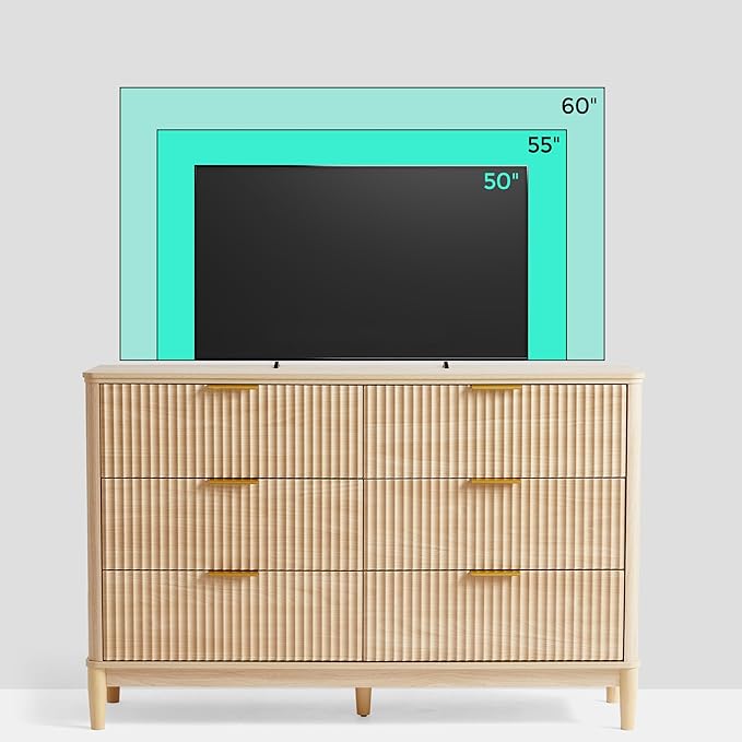 LINSY Fluted Dresser for Bedroom with 6 Drawers, Mid Century Modern Chest of Drawers with Gold Metal Handles, Wide Boho Wood Dressers, Large Farmhouse Storage Cabinet for Bedroom, Living Room, Oak