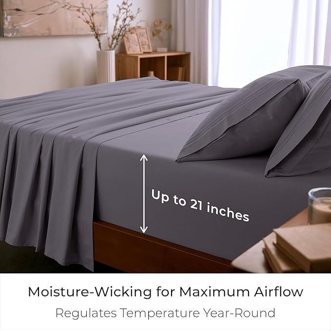 Mellanni California King Sheet Set - 6-Piece Iconic Collection Bedding, (Including 4 Pillowcases), 21-Inch Extra Deep Pocket, Easy Care, Ultra Soft, Cooling Sheets, Brushed Microfiber - Hazy Lilac