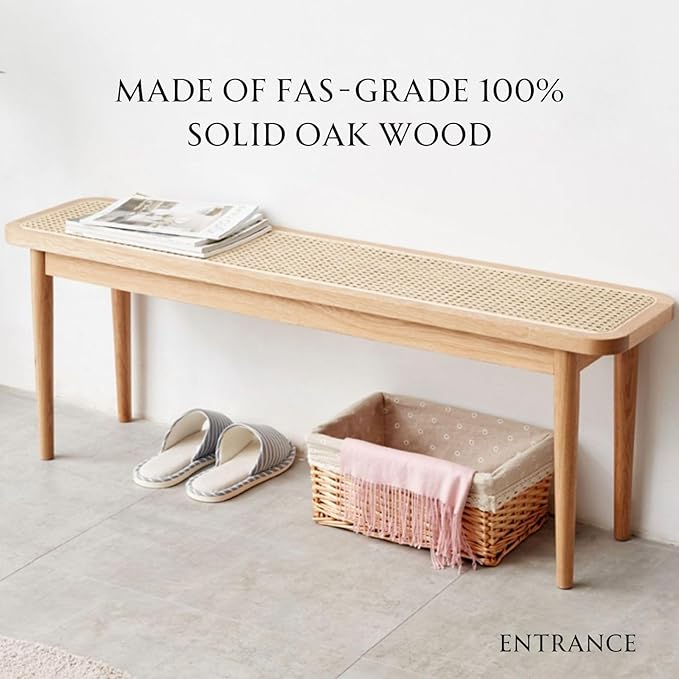 47.2'' Natural Rattan Dining Bench with 100% Solid Oak Wood Bench Frame, Bed End Shoe Ottoman for Kitchen Bedroom Entryway, Natural Oak