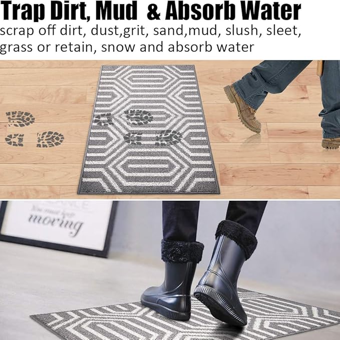 Indoor Doormat 24"x 36", Absorbent Front Back Door Mat Floor Mats, Rubber Backing Non Slip Door Mats Inside Mud Dirt Trapper Entrance Door Rug Carpet, Machine Washable Low Profile-Grey Time Cloister