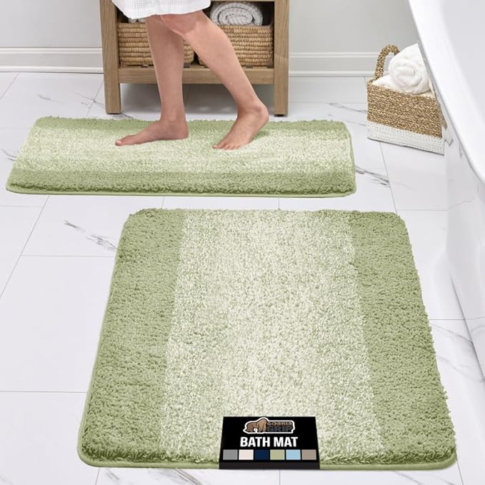 GORILLA GRIP Ultra Soft Plush Bathroom Rugs with Rubber Backing Set of 2, Absorbent Quick Dry Bath Mat, Machine Washable Shower Mats, Home Décor Accessories Bathmat Rug, 24x16 and 30x18 Sage