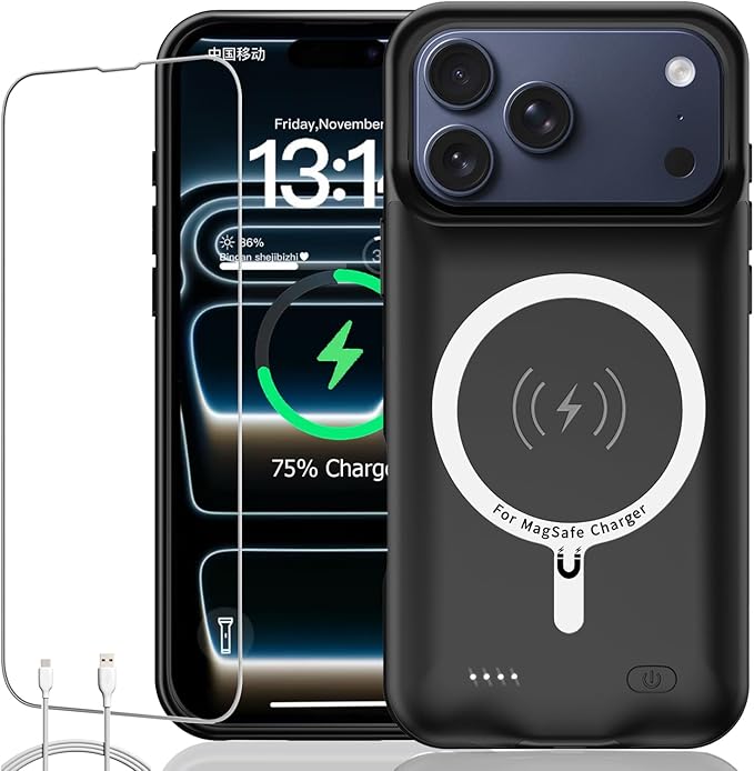 Battery Case for iPhone 17 Pro Max, Upgraded 12000mAh Rechargeable Portable Extended Battery Pack Supported Qi Wireless Charging Case Compatible with iPhone 17 Pro Max (6.9 inch) Charger Cover (Black)