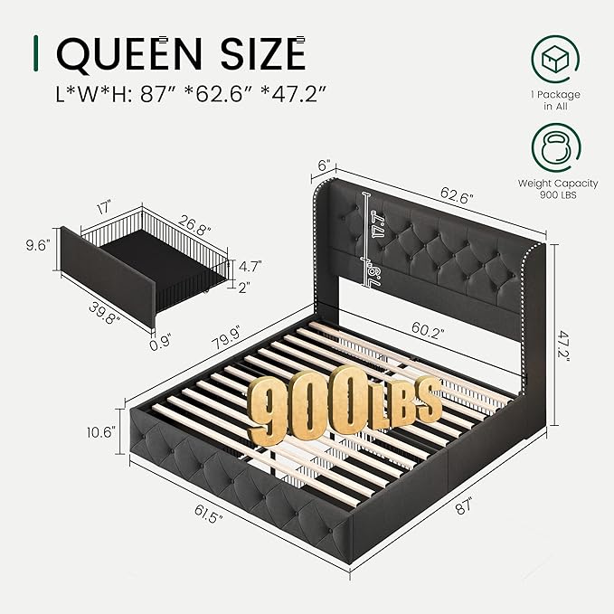 LARMACE Upholstered Queen Size Bed Frame with 4 Storage Drawers and Wingback Headboard Tufted Platform Bed Frame Linen Beds with Wooden Slats Support, Easy Assembly, Dark Grey