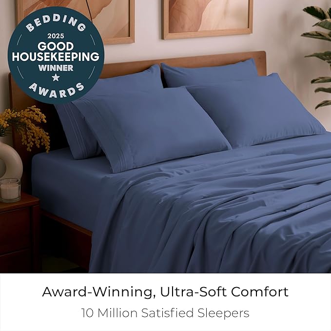 Mellanni California King Sheet Set - 6-Piece Iconic Collection Bedding, (Including 4 Pillowcases), 21-Inch Extra Deep Pocket, Easy Care, Ultra Soft, Cooling Sheets, Brushed Microfiber - Blue Nova