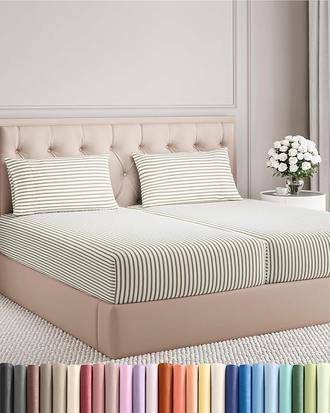 Split King Size 5 Piece Sheet Set - Comfy Breathable & Cooling Bed Sheets Set - Hotel Luxury Bedding for Women, Men, Kids, Teens, Boys & Girls - Deep Pockets, Soft and Wrinkle Free - Beige Stripes 2