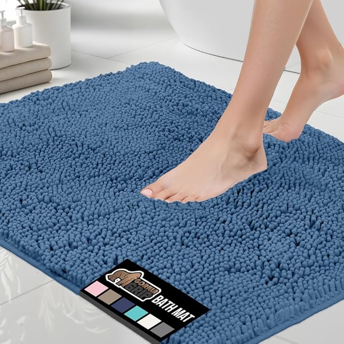 GORILLA GRIP Bath Rug Mat 30x20, Thick Soft Absorbent Chenille, Quick Dry Microfiber Mats, Rubber Backing Washable Shower Floor Rugs, Bathmat Runner, US Designed Bathroom Home Decor Accessories Blue