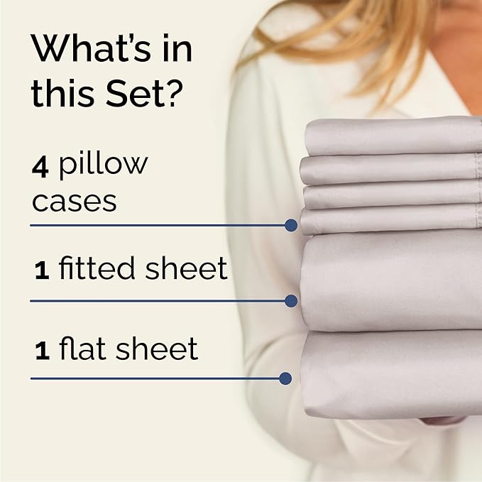 Queen 6 Piece Sheet Set - Cooling, Comfy & Breathable - Hotel Luxury Bedding, Includes Fitted Sheet for Women, Men, Kids & Teens - 1 Flat, 1 Fitted Sheet, 4 Pillowcases with Deep Pockets - Light Grey