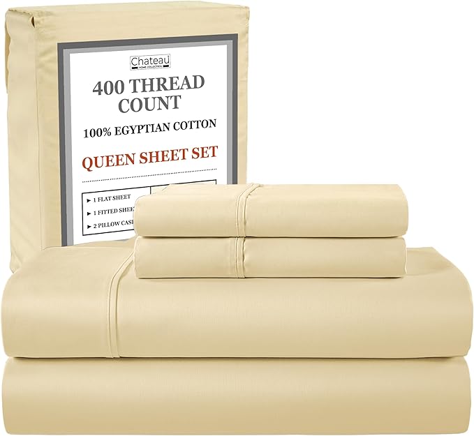 Queen Sheet Set - 400Tc Egyptian Cotton Bedding Sheets & Pillowcases - Soft, Durable And Luxurious 4Pc Sateen Weave Ivory Bed Sheets For Queen Size Bed, No Pill & Shrink Thick Machine Washable