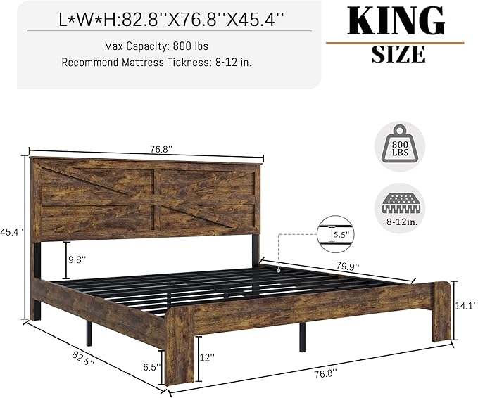 King Size Bed Frame with Farmhouse Headboard, Rustic Boho Wooden Bedframe with LED Lights and Charging Station, Easy Assembly, No Box Spring Needed (Brown, King)