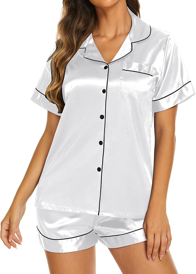 Ekouaer Silk Pajamas for Women Short Sleeve Sleepwear Soft Button Down Loungewear 2 Piece Satin Pjs Shorts Set