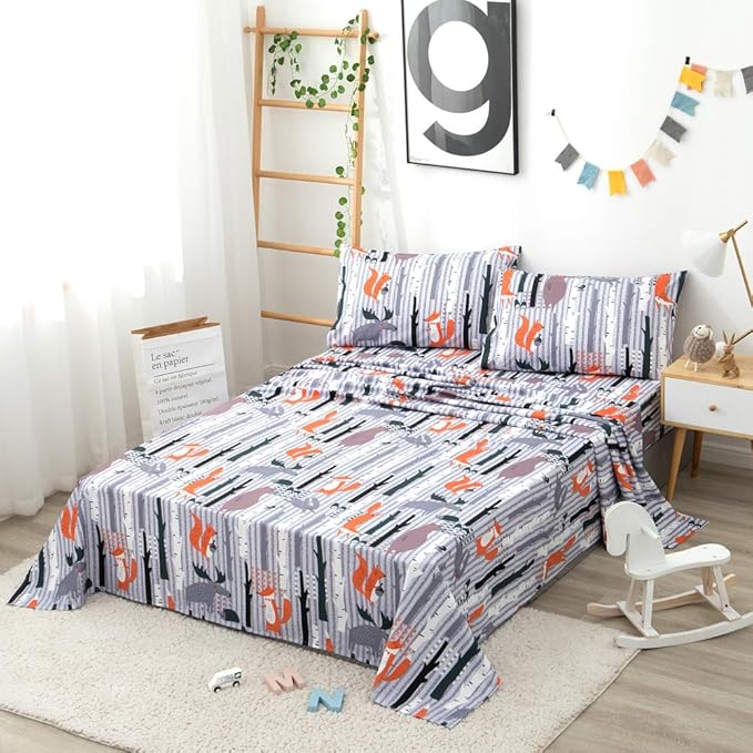 JSD Woodland Animals Kids Printed Sheets Set Twin, 3 Piece Soft Fox Microfiber Bed Sheets Deep Pocket