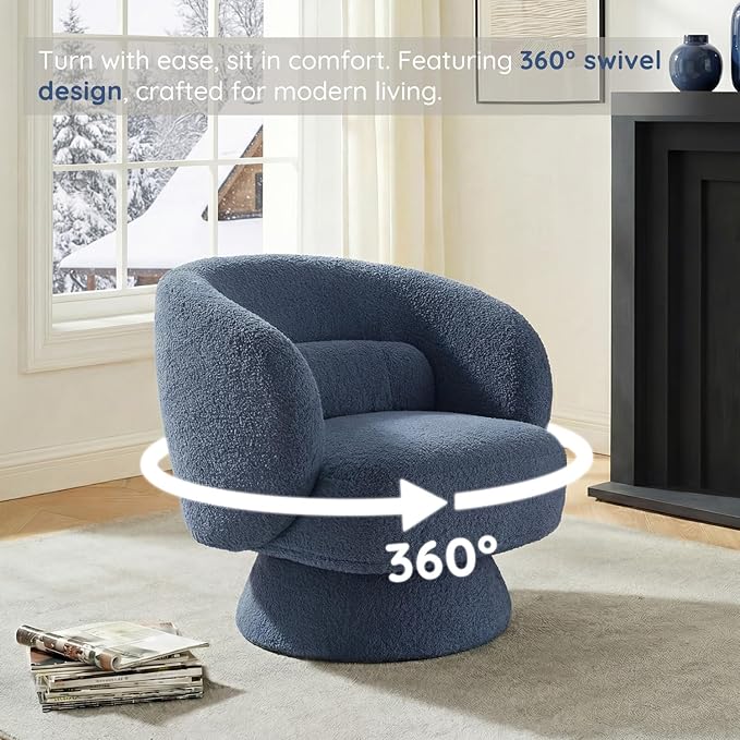 Swivel Accent Chair, Modern 360 Degree Swivel Barrel Chair with Arms & Curved Back and Lumbar Support Cushion, Comfy Round Single Boucle Sofa for Small Space, Living Room, Bedroom, Blue