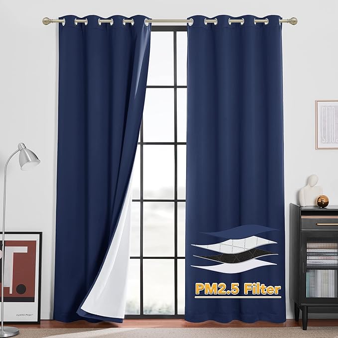 RYB HOME Soundproof & Dust Particle Filtering Curtains Thick Panel Draft Block Window Treatment Totally Room Darkening Drapes for Nursery Daytime Sleeping, Navy Blue, W52 x L95 inch, 2 Panel