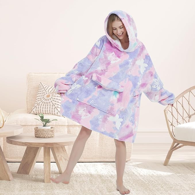 Glow in The Dark Butterfly Wearable Blanket Hoodie for Adult,Oversized Sherpa Fleece Blanket Hoodie for Women,Butterfly